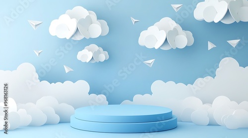 Blue podium with paper cut clouds on sky background. 3d product display podium, stage or scene with round pastel blue base and origami white clouds. Geometric shape presentation stand. Generative Ai