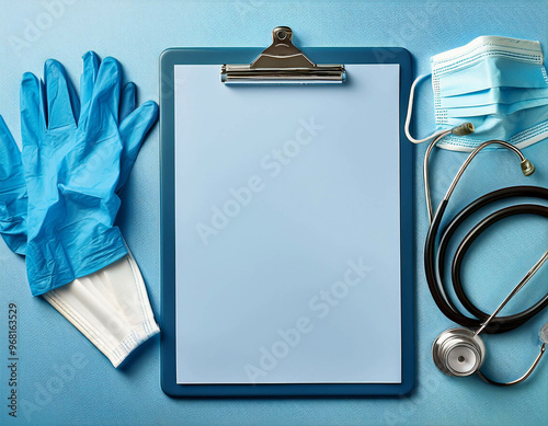 A flat lay of medical supplies like face masks, gloves, a stethoscope, and a clipboard, arra photo