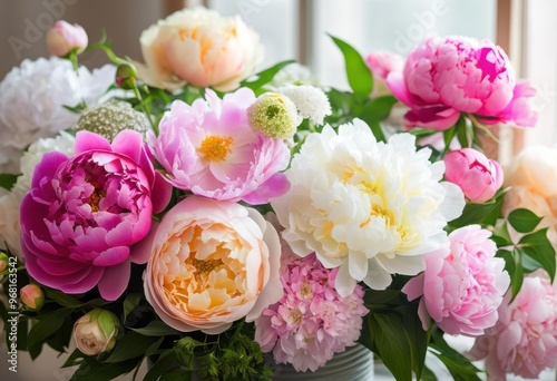 vibrant floral arrangement soft pastel colors featuring diverse blooms lush greenery bright cheerful display, bouquet, flowers, design, petals, decor, beauty