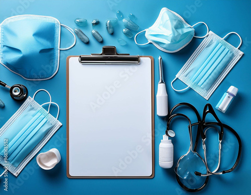 A flat lay of medical supplies like face masks, gloves, a stethoscope, and a clipboard, arra photo