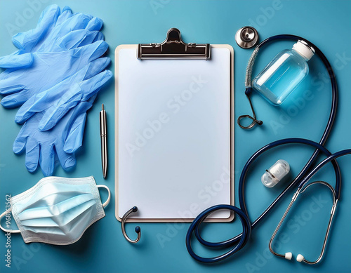 A flat lay of medical supplies like face masks, gloves, a stethoscope, and a clipboard, arra photo