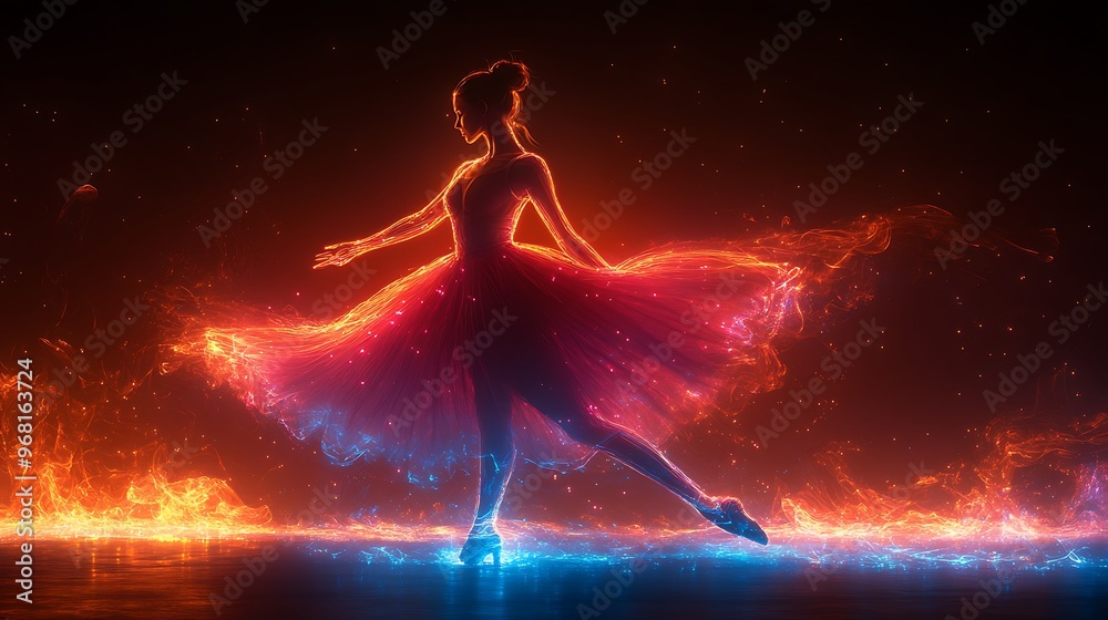 A ballerina in a fiery red and blue dress, flames swirling around her, as she performs a graceful dance pose.