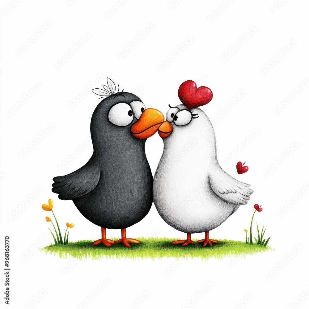 Fototapeta premium Cartoon birds in love on white background