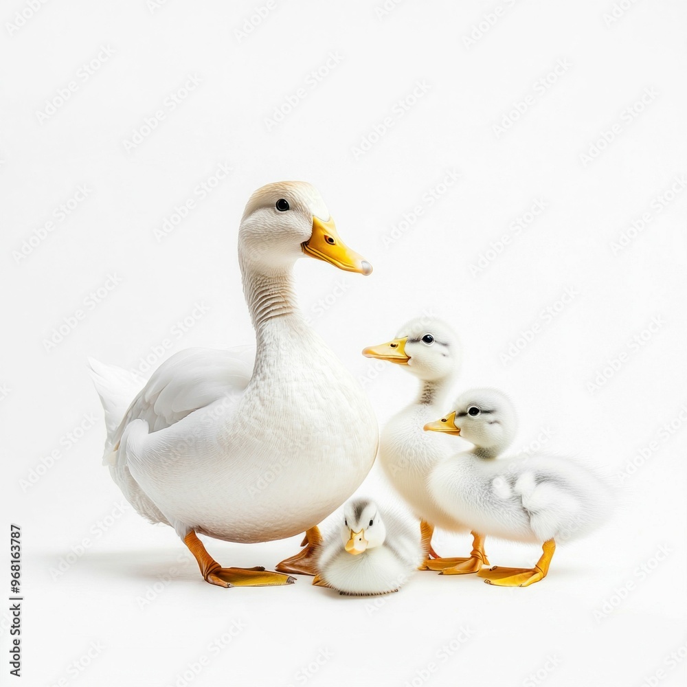 Duck family with ducklings on white background Duck family with ducklings on white background