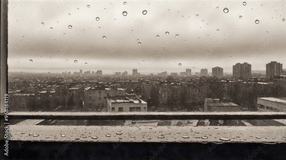 Fototapeta premium Generative AI, A rainy day in the city with water droplets on a reflective surface in the foreground, blurred skyscrapers in the background, and a melancholic atmosphere in a black-and-white, sepia-to