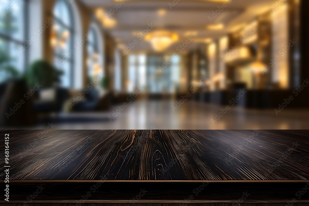 Tabletop in dark wood with a blurry luxury hotel lobby background. Tabletop in dark wood with a blurry luxury hotel lobby background.