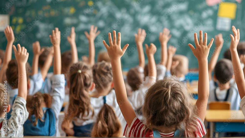 Children raise their hands to answer in the classroom. Back To School concept. Backdrop with selective focus Children raise their hands to answer in the classroom. Back To School concept. Backdrop with selective focus