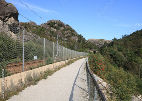 Hiking and cycling route along the old Jaerbanen trasse, Egersund, Norway. photo