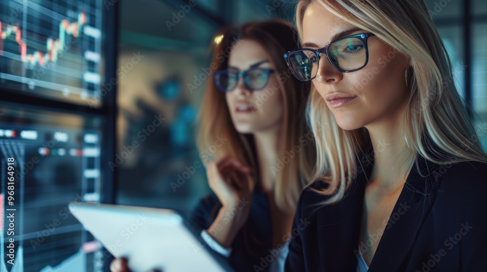 Female professionals using a tablet for financial analysis and stock reports, engaging in trading with digital technology for investment and accounting
