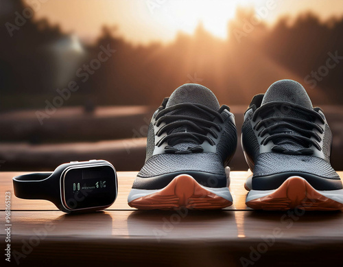 A set of running shoes, a fitness tracker, and wireless earbuds, laid out on a wooden surfac photo