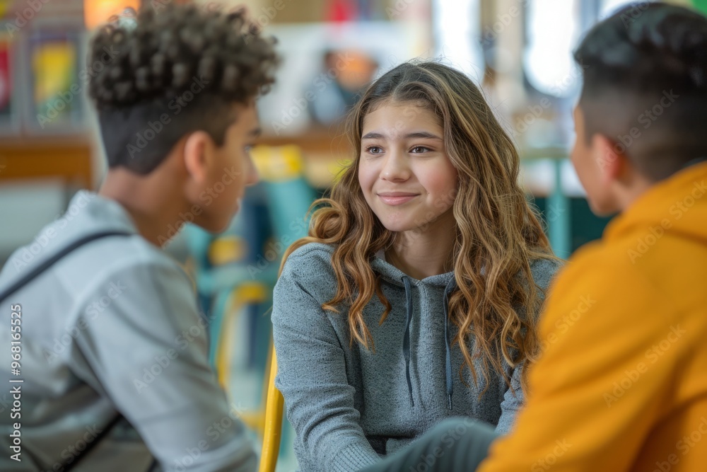 A girl in a yellow sweater is sitting next to a boy in a gray hoodie A girl in a yellow sweater is sitting next to a boy in a gray hoodie