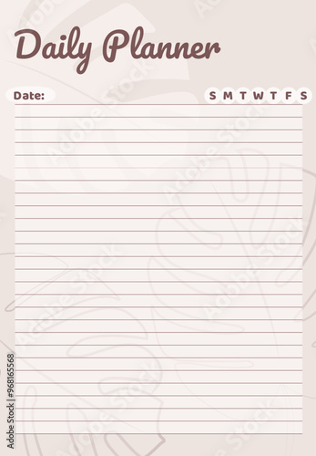 Daily Planner, Planner Template. Nice and simple printable to-do list in pastel beige colors with monstera leaves illustration. Digital Healthy Meal Planner.