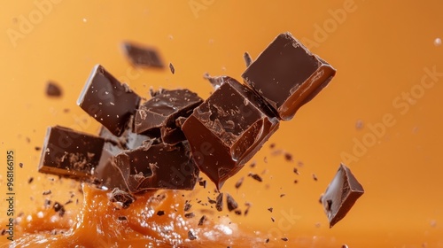 Shattered dark chocolate pieces flying in the air with chocolate splash