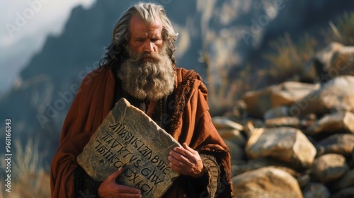 Moses carries stone tablets with the Ten Commandments inscribed on them.