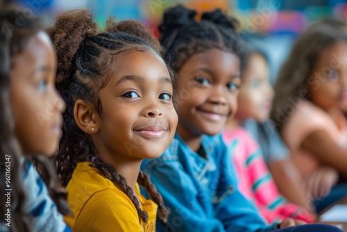 A group of young girls are sitting in a classroom and smiling