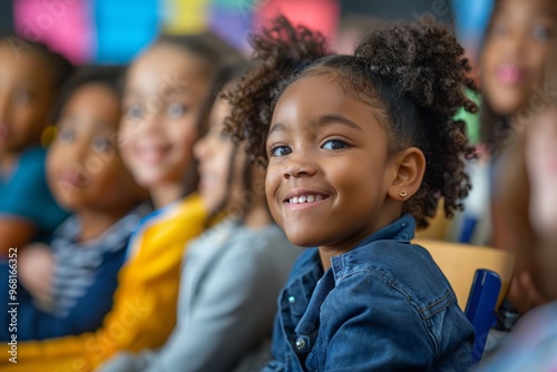 A group of young girls are sitting in a classroom and smiling