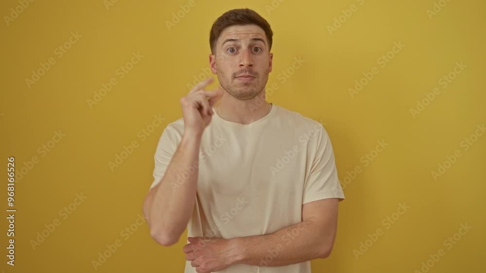 Young hispanic man standing with a happy face pointing one finger with an idea or question over isolated yellow background Young hispanic man standing with a happy face pointing one finger with an idea or question over isolated yellow background