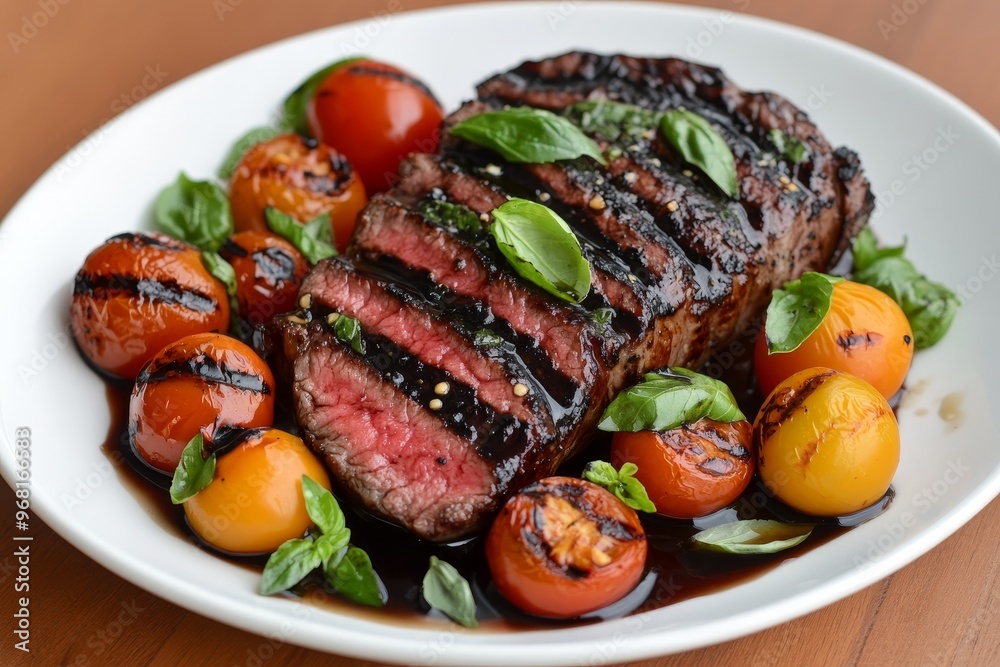 Grilled steak served with roasted tomatoes and fresh basil on a white plate, captured in a rustic setting Grilled steak served with roasted tomatoes and fresh basil on a white plate, captured in a rustic setting