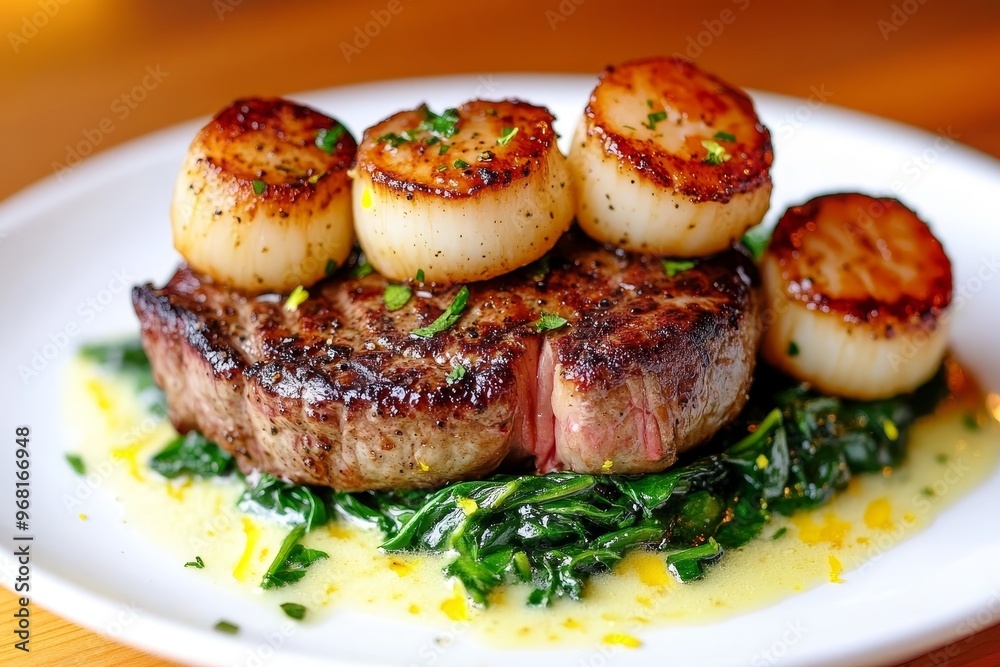 A perfectly grilled steak topped with seared scallops served on a bed of sautéed spinach with a flavorful sauce A perfectly grilled steak topped with seared scallops served on a bed of sautéed spinach with a flavorful sauce