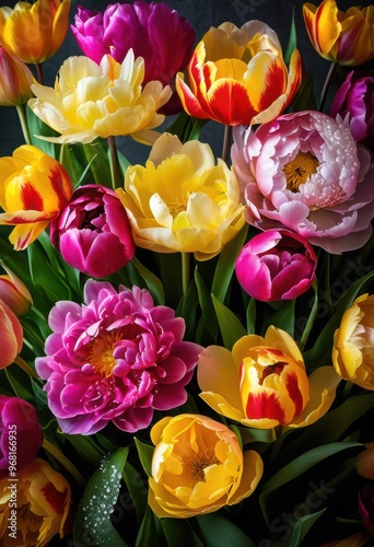 vibrant floral arrangements vivid spring hues featuring colorful blooms lush greenery fresh bright display, flowers, colors, petals, designs, nature, bouquet