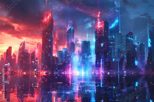 Futuristic Cityscape at Dusk with Neon Lights and Reflections