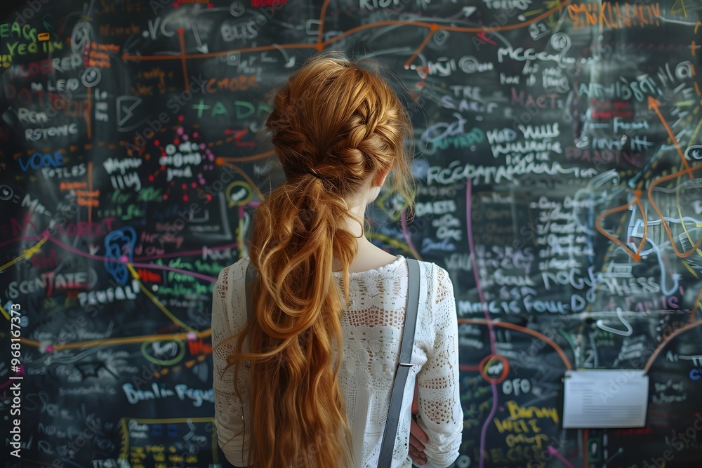 A Thoughtful Moment: A Young Woman Contemplates Ideas on a Chalkboard Wall A Thoughtful Moment: A Young Woman Contemplates Ideas on a Chalkboard Wall