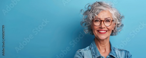 A confident senior woman with a bright smile, standing against a blue background in a casual denim jacket. Free copy space for banner.