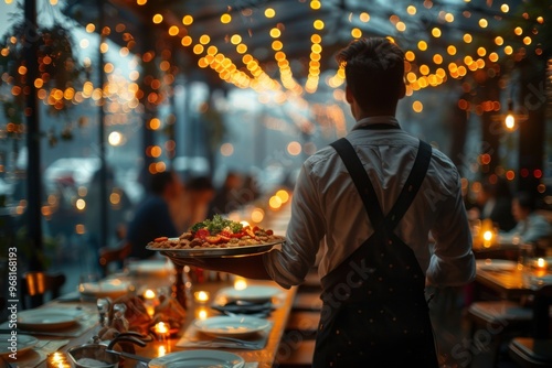 Waiter holding a tray of food in front of a table, foreign restaurant photo