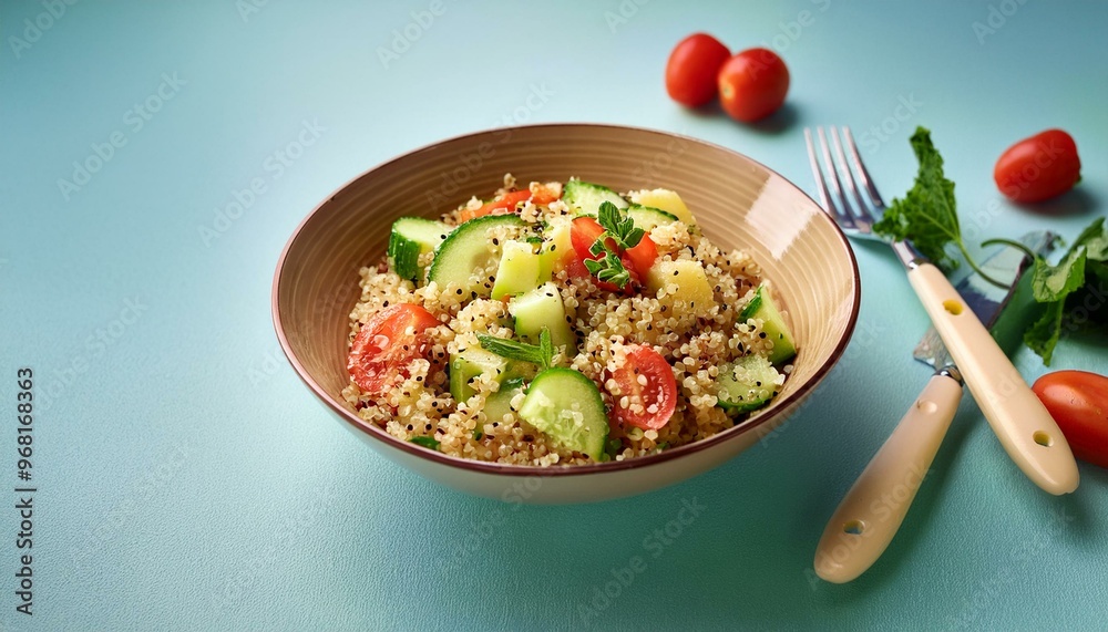 A portion of quinoa salad with diced cucumbers, tomatoes, and herbs, arranged neatly in a bo A portion of quinoa salad with diced cucumbers, tomatoes, and herbs, arranged neatly in a bo