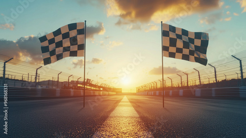 checkered flags at the start and finish of the Sports Race Track Generative AI photo