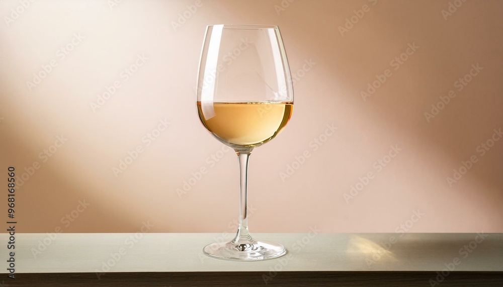 A sleek white wine glass filled with a light golden wine, set against a minimal, light-color A sleek white wine glass filled with a light golden wine, set against a minimal, light-color