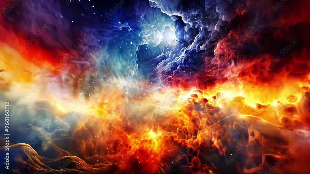 Vibrant cosmic nebula with swirling clouds of colorful gas and bright stars scattered across the dynamic motion universe