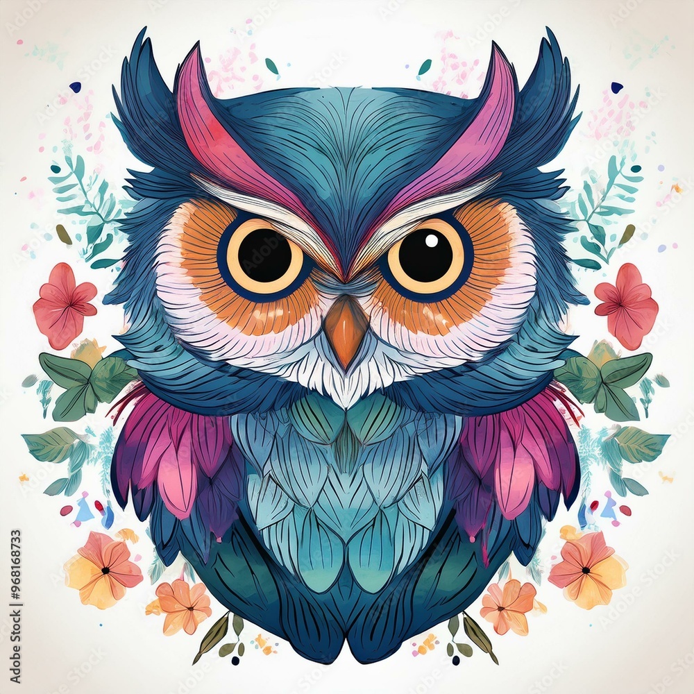 Fototapeta premium Watercolor Owls- conceptual soft, dreamy owl illustration with flowing colors and gentle lines with copy space