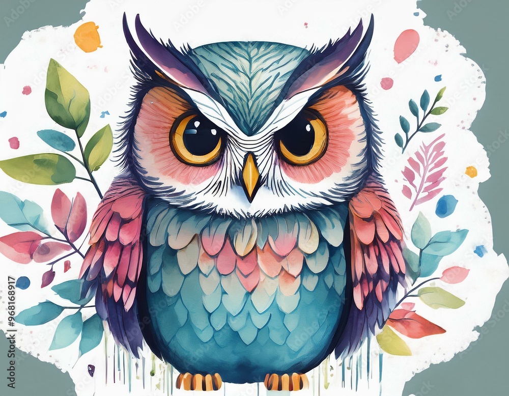 Obraz premium Watercolor Owls- conceptual soft, dreamy owl illustration with flowing colors and gentle lines with copy space