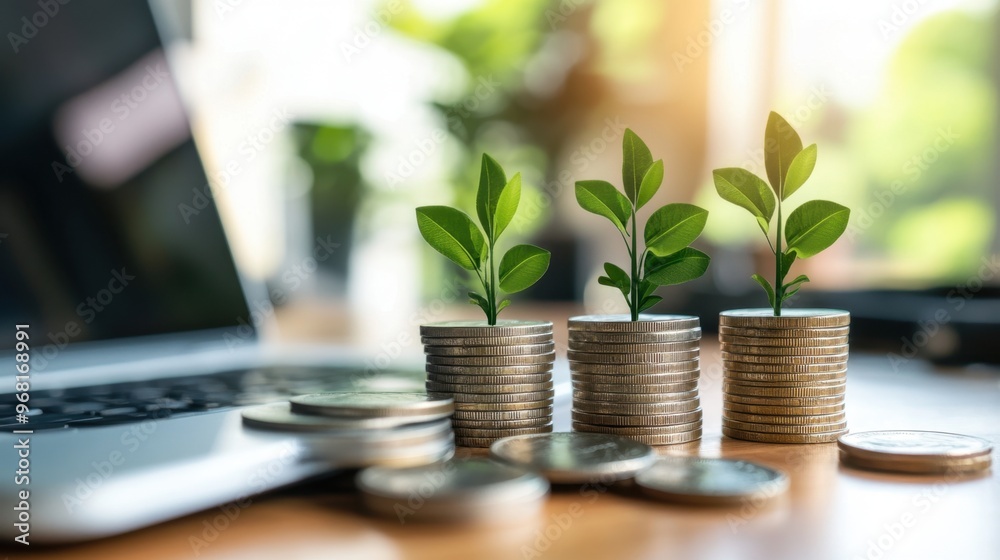 Growing plants on stacked coins beside a laptop, symbolizing financial growth and investment in sustainability Growing plants on stacked coins beside a laptop, symbolizing financial growth and investment in sustainability