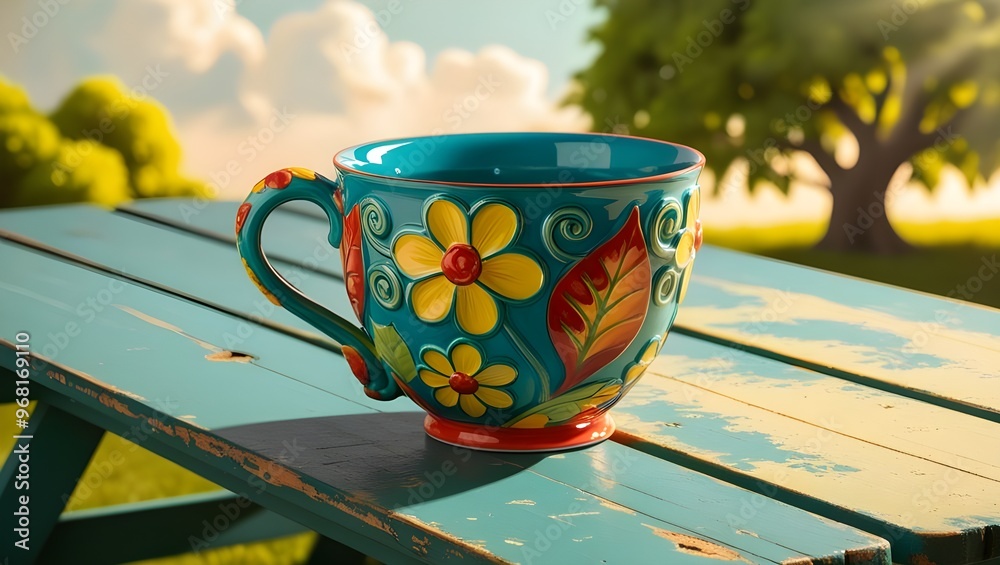 A vibrant, hand-painted ceramic cup with an intricate, playful design featuring swirling floral patterns and exaggerated leaf shapes in shades of bright turquoise, sunny yellow, and poppy re A vibrant, hand-painted ceramic cup with an intricate, playful design featuring swirling floral patterns and exaggerated leaf shapes in shades of bright turquoise, sunny yellow, and poppy re