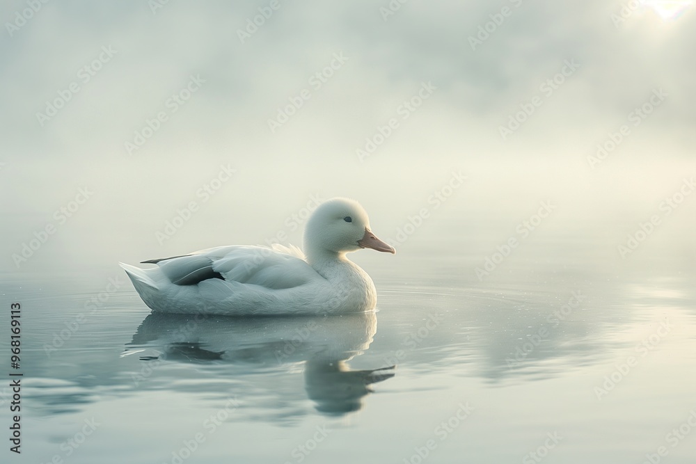 A white duck calmly swims through a tranquil, fog-covered lake during the early morning hours, creating a peaceful atmosphere A white duck calmly swims through a tranquil, fog-covered lake during the early morning hours, creating a peaceful atmosphere