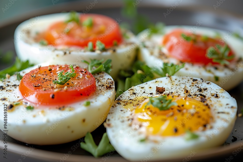 Freshly prepared eggs topped with vibrant tomato slices and herbs, served on a rustic plate for a nutritious meal Freshly prepared eggs topped with vibrant tomato slices and herbs, served on a rustic plate for a nutritious meal