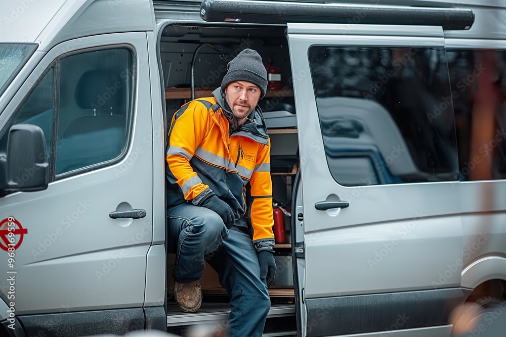 A plumber in work gear exits a service van, prepared to respond to urgent plumbing calls A plumber in work gear exits a service van, prepared to respond to urgent plumbing calls