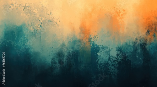 A blurry background, a digital painting, abstract illusionism, deep teal, slate gray, ivory, and fiery orange, gradient and patterns wallpaper, grainy poster art, turquoise blue and warm gold