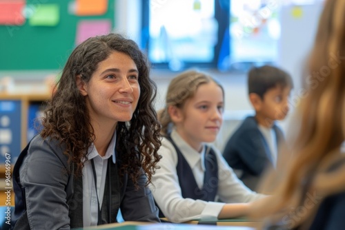 A woman with curly hair is smiling at a group of children