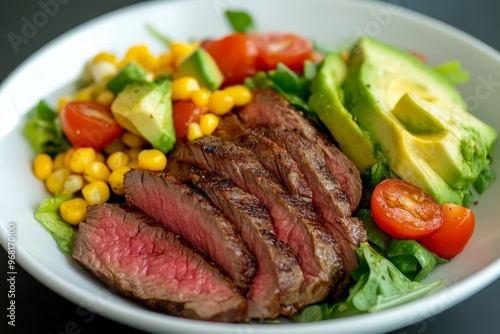 Fresh salad bowl featuring grilled steak, cherry tomatoes, avocado, and corn with vibrant greens