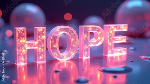 Futuristic 3D HOPE word filled with glowing liquid in neonlit setting with abstract shapes