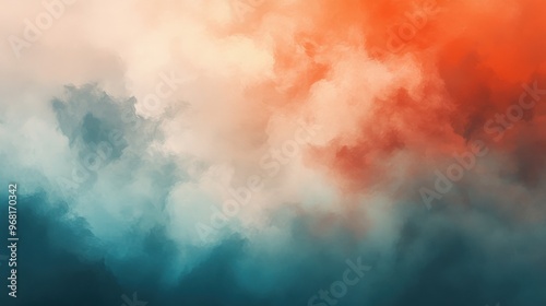 A blurry background, a digital painting, abstract illusionism, pastel blue, dark gray, off-white, and fiery orange, gradient and patterns wallpaper, grainy poster art, mint green and bright red