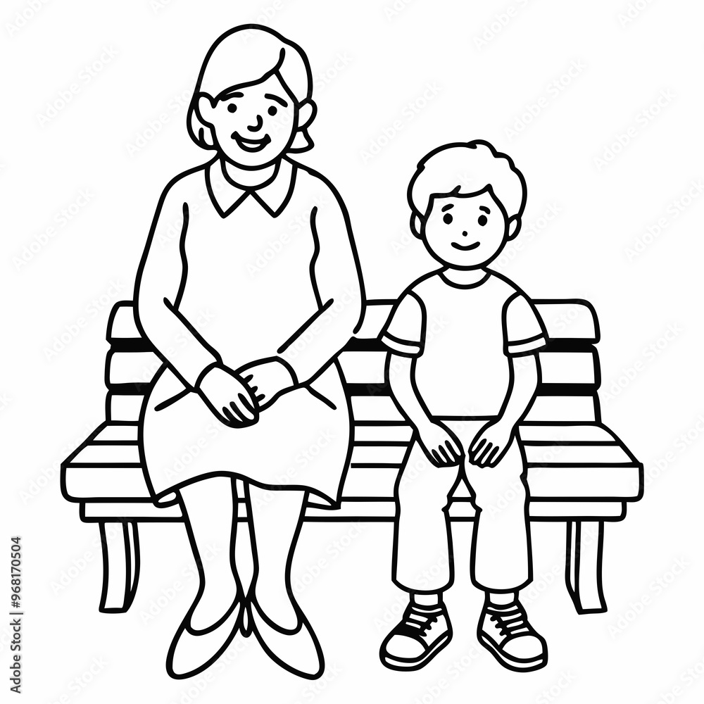 Grandmother and grandson sitting on a bench in a simple line art style for family illustrations Grandmother and grandson sitting on a bench in a simple line art style for family illustrations