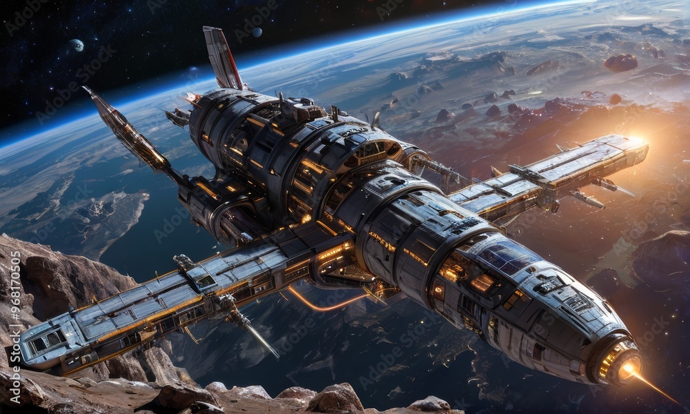 Fototapeta premium Sci-Fi Spaceship Flying Over Alien Planet Landscape