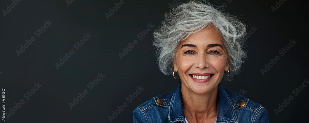 A confident senior woman with a bright smile, standing against a black background in a casual denim jacket. Free copy space for banner. A confident senior woman with a bright smile, standing against a black background in a casual denim jacket. Free copy space for banner.