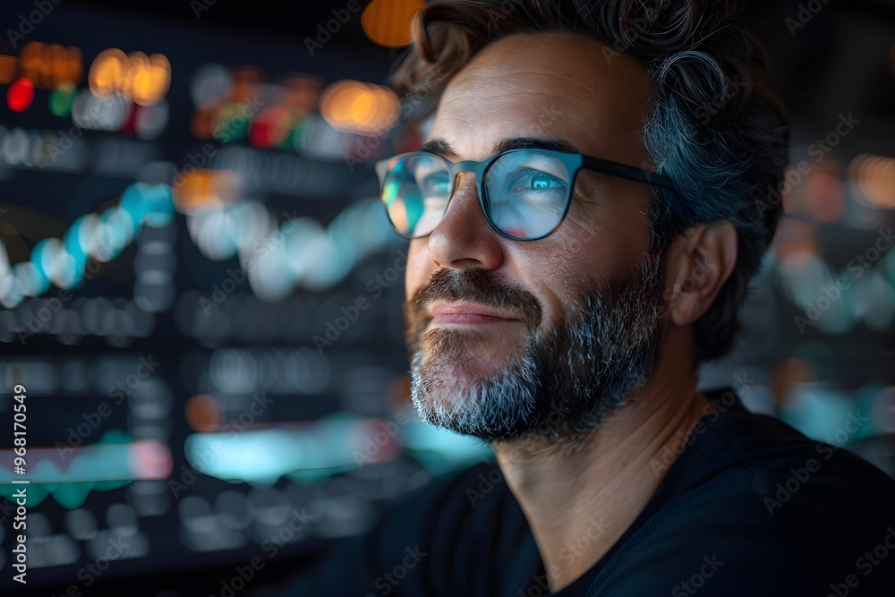 Focused Analyst Analyzing Market Trends with Data Visualizations Focused Analyst Analyzing Market Trends with Data Visualizations