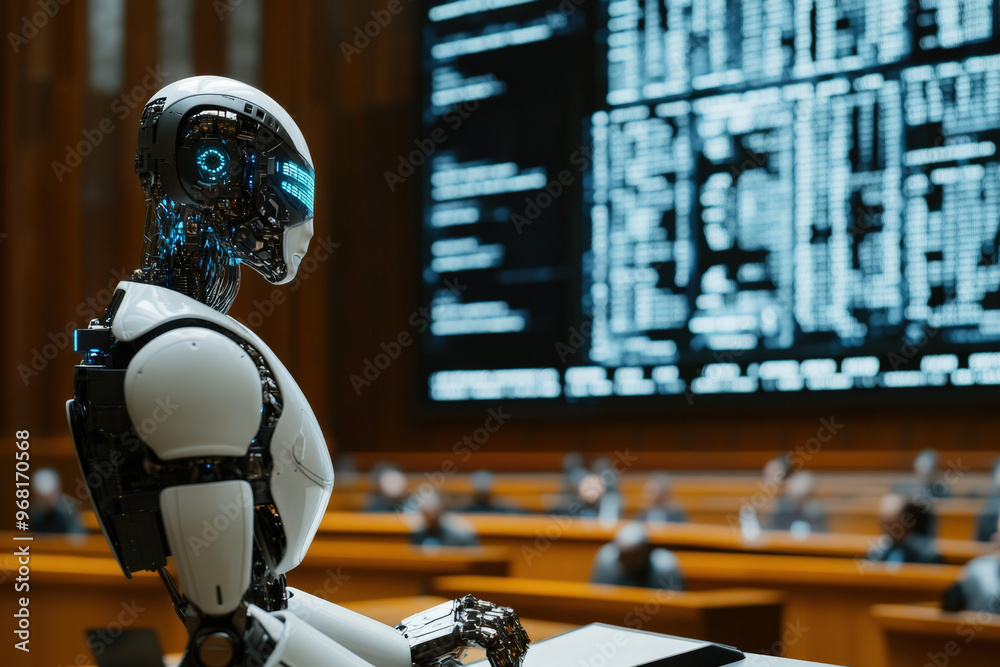 Fototapeta premium Ai humanoid robot is speaking at a government hearing about the ethics and regulation of artificial intelligence