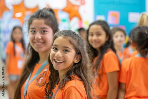 Schoolgirls in orange T-shirts look at the camera and smile